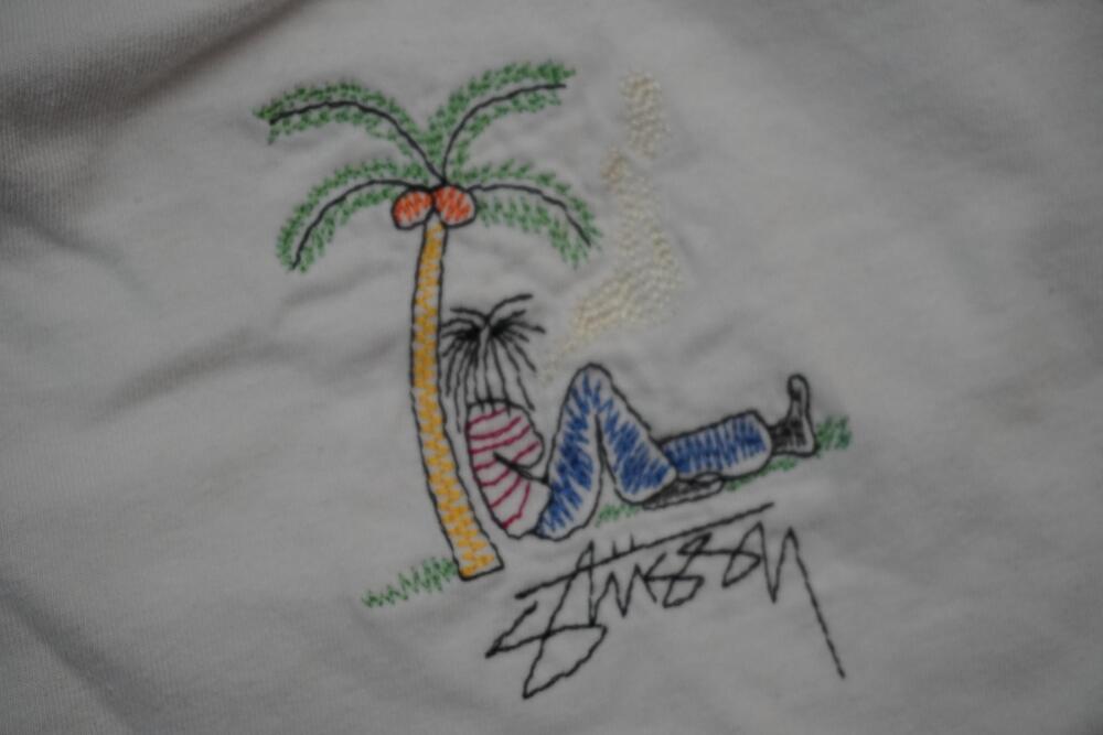 Stussy Y2K Embroidered Palm Tree Graphic T-Shirt White Made in Mexico Sz L
